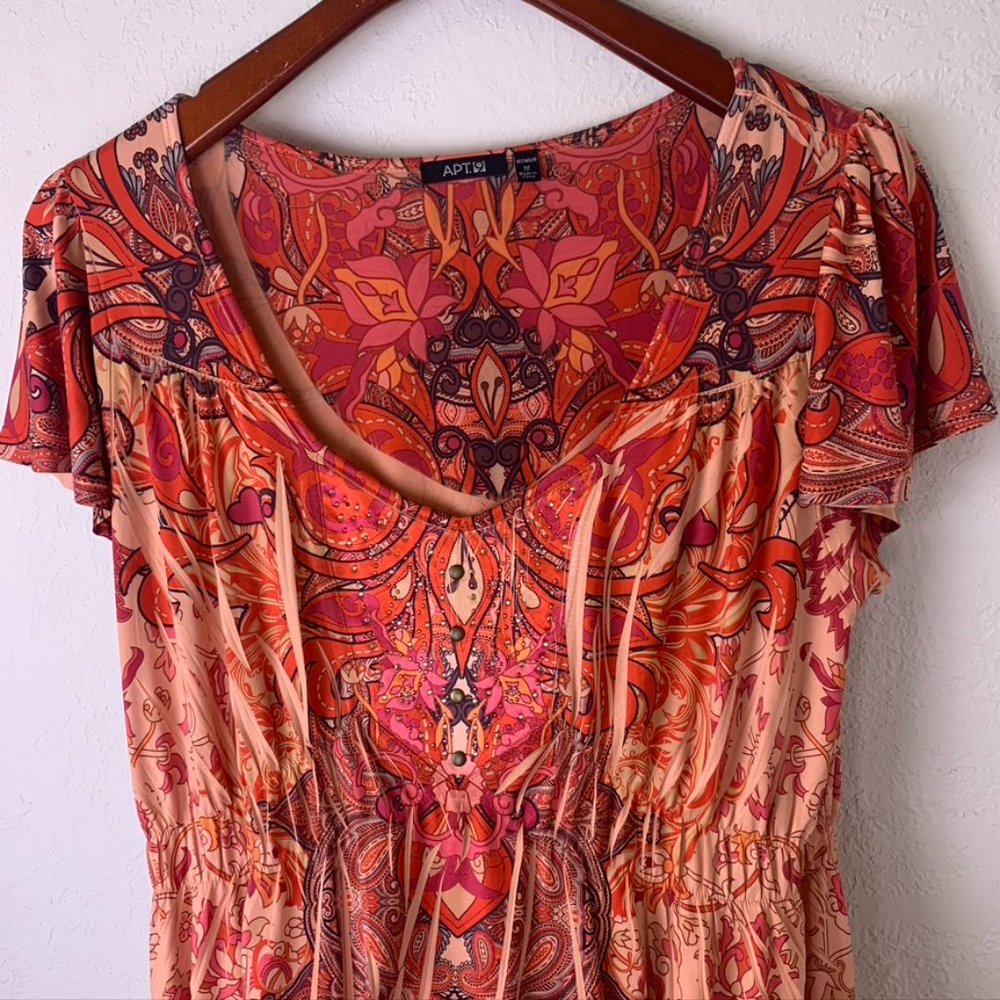 APT 9 Swoop Neck Orange/Red Pattern Boho Shirt, 1X, Dye sublimation, loose, flow - Picture 12 of 13
